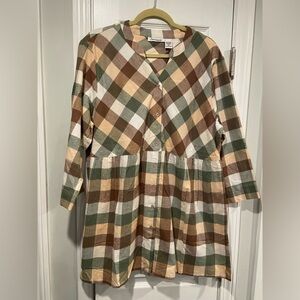 NWOT Serengeti Size XL Long Sleeve Sage Pink Check Flannel Button Up Mini Dress